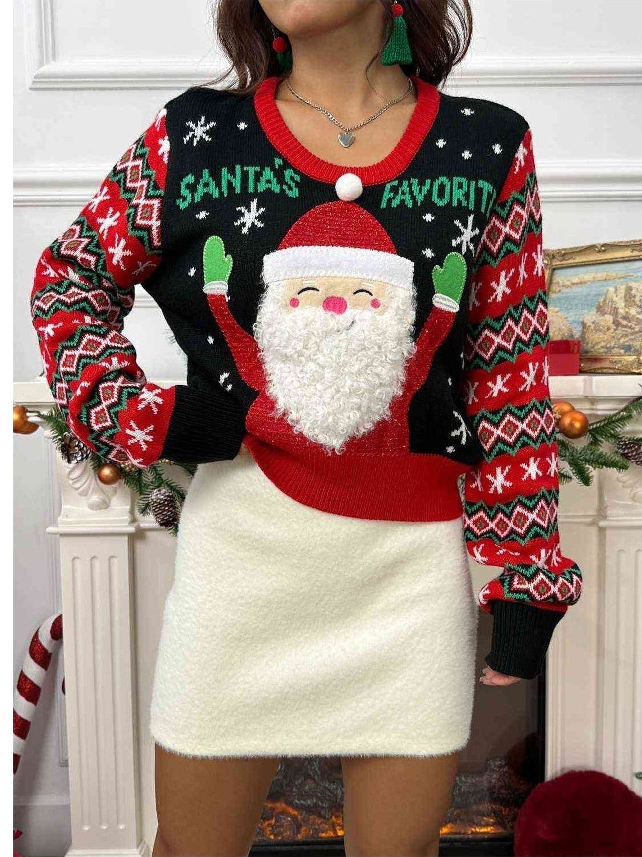 Women Santa's Favorite Graphic Long Sleeve Christmas Sweater
