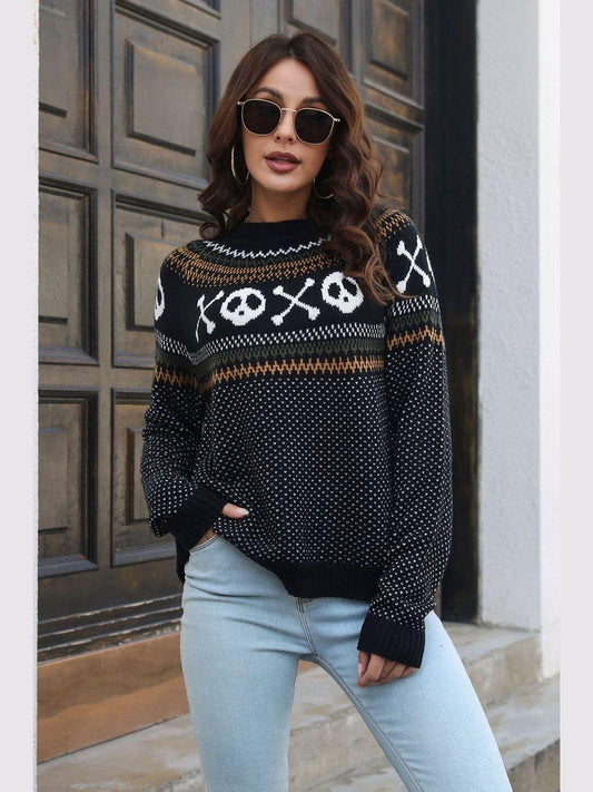 Women Ribbed Round Neck Long Sleeve Halloween Pullover Sweater