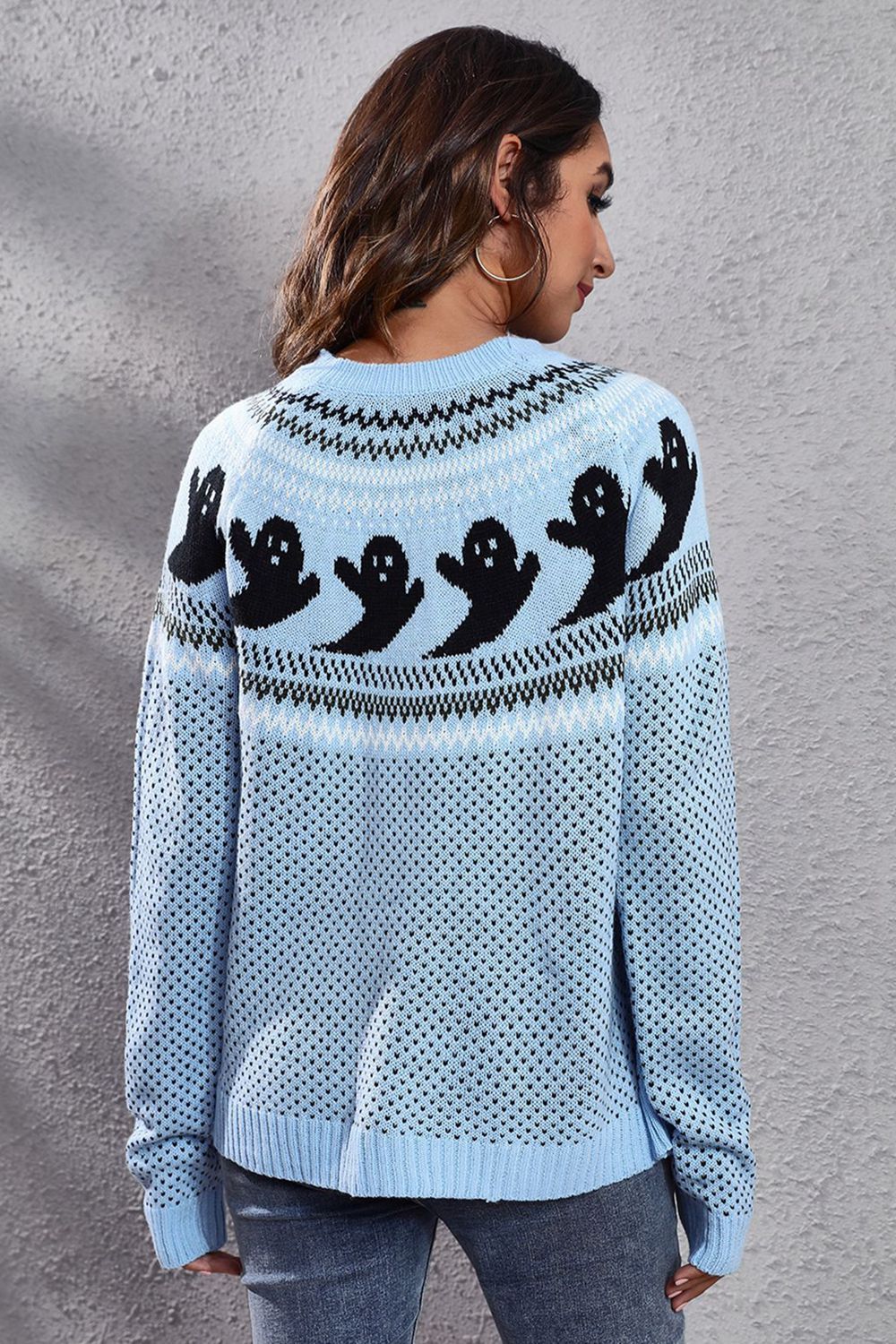Women Halloween Ghost Pattern Round Neck Long Sleeve Sweater NicholesGifts