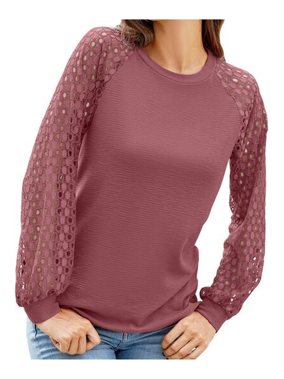 Women Full Size Eyelet Round Neck Long Sleeve T-Shirt NicholesGifts