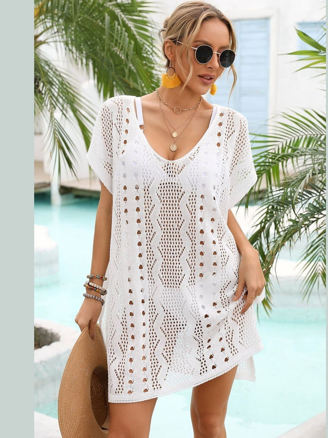 Women Openwork Plunge Dolman Sleeve Cover-Up Dress NicholesGifts