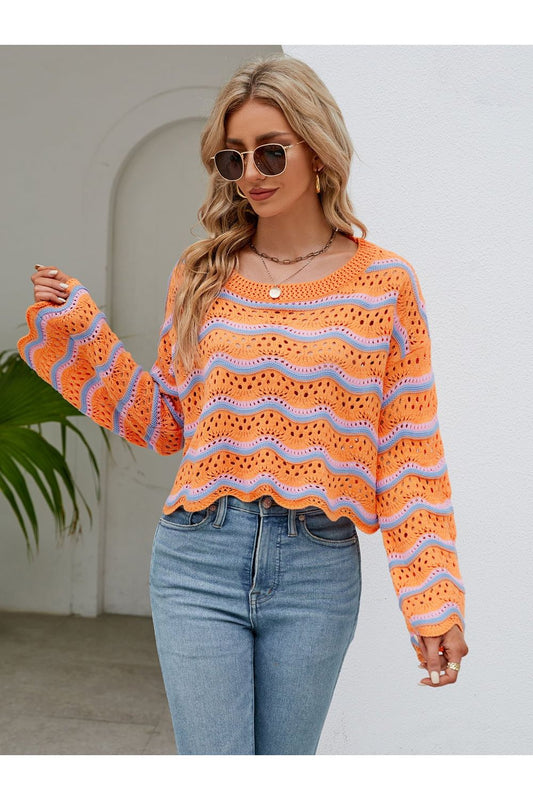 Women Round Neck Openwork Flare Sleeve Knit Top