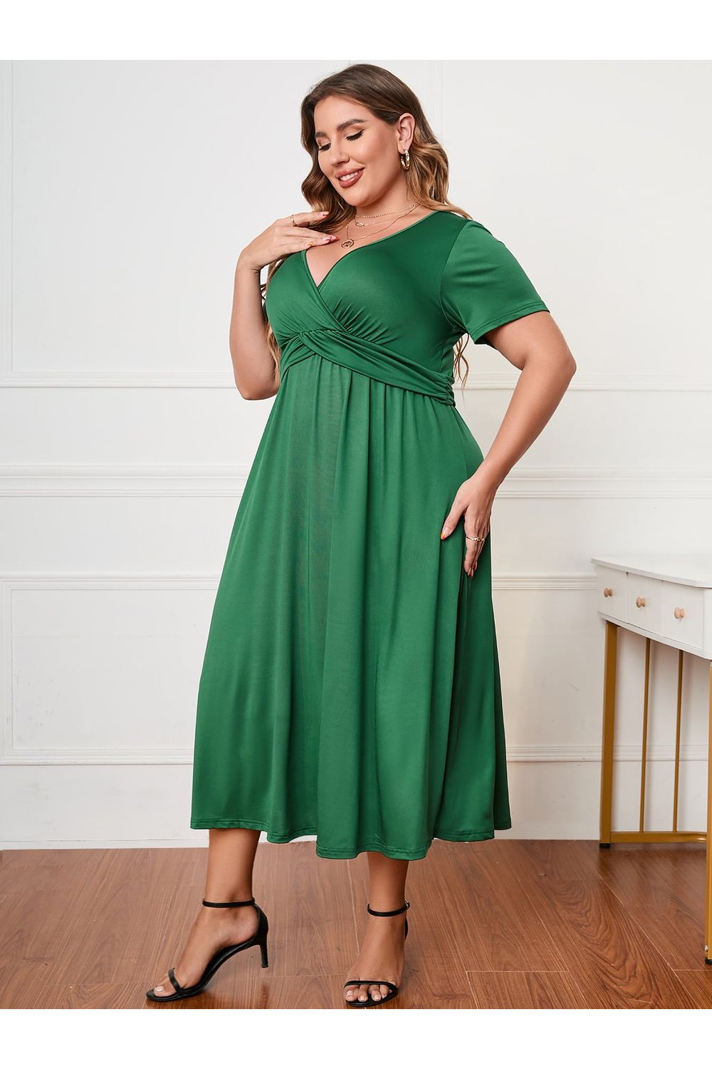NicholesGifts Plus Size Women Short Sleeve Surplice Neck Midi Dress NicholesGifts