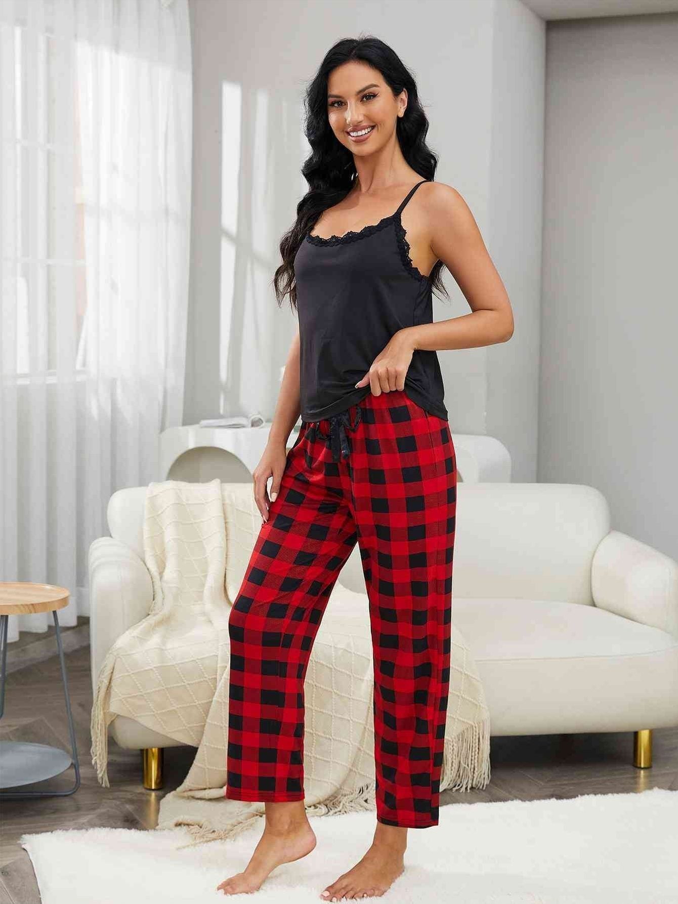 Women Lace Trim Cami and Plaid Pants Lounge Set