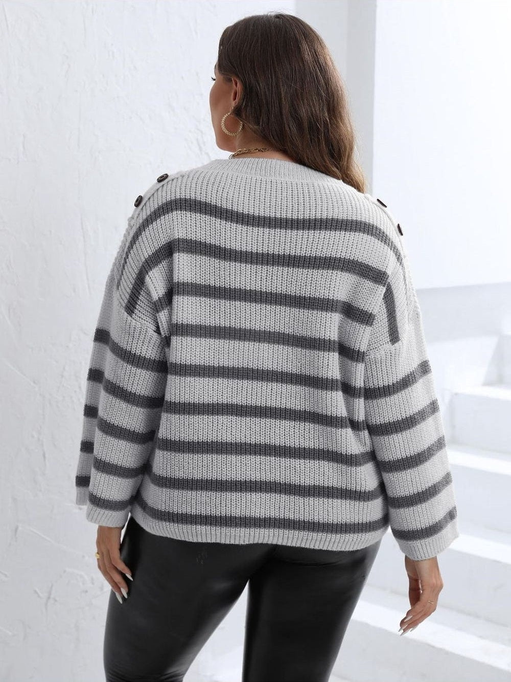 Plus Size Women Striped Dropped Shoulder Sweater