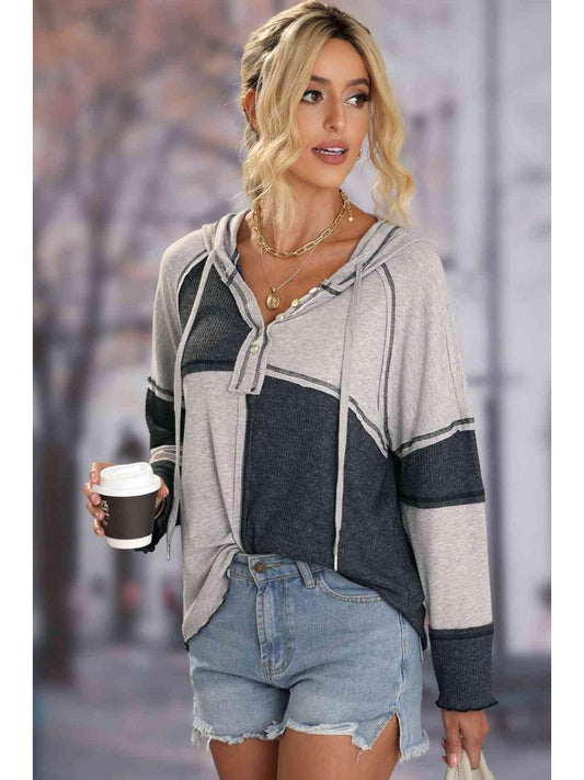 Women Exposed Seam Color Block Hoodie with Drawstring