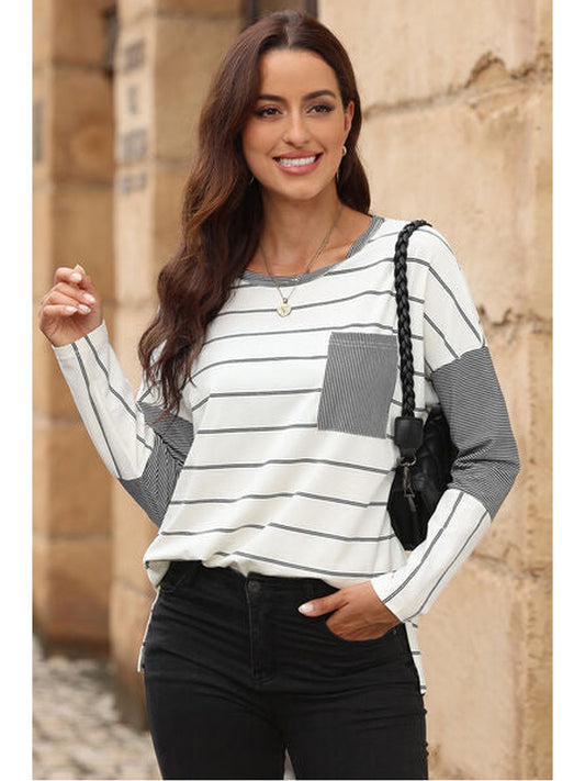 Women Pocketed Striped Round Neck T-Shirt NicholesGifts