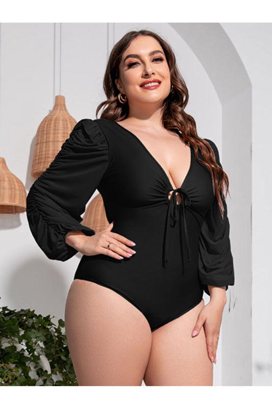 Plus Size Women Tied Deep V Balloon Sleeve One-Piece Swimsuit