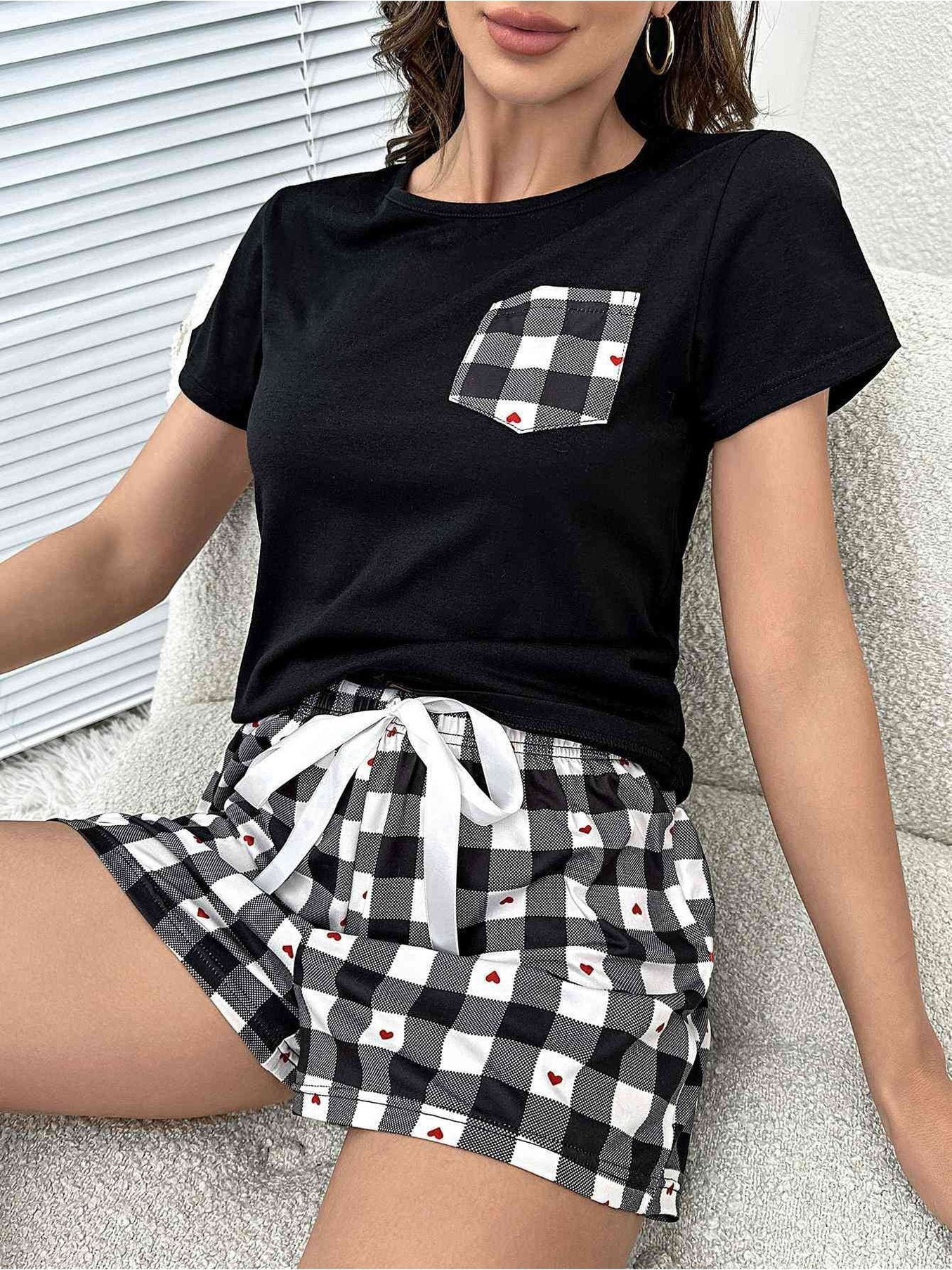Women Plaid Heart Top and Shorts Lounge Set NicholesGifts