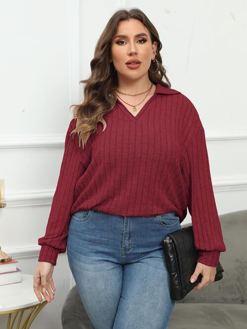 Plus Size Women Ribbed Collared Neck Long Sleeve Blouse