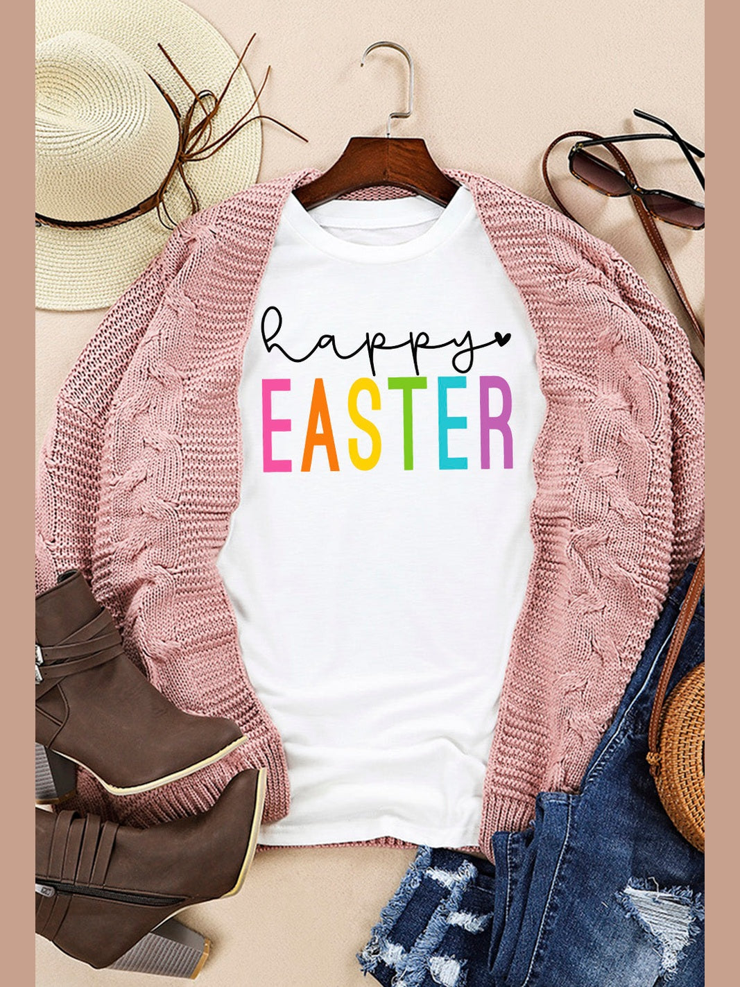 Women Happy Easter Round Neck Short Sleeve T-Shirt
