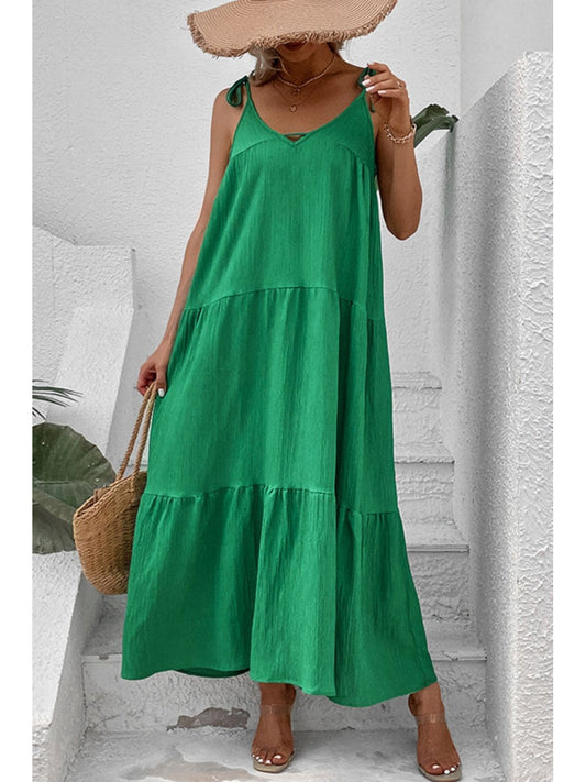 Green sleeveless tie-shoulder tiered maxi dress with V-neck, perfect for vacation wear