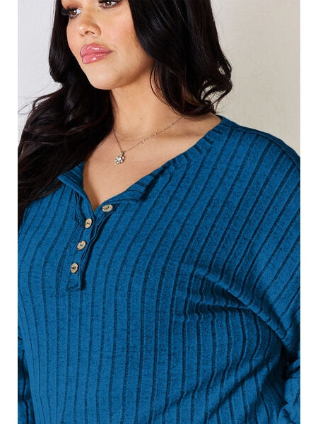 Women Basic Bae Full Size Ribbed Half Button Long Sleeve T-Shirt NicholesGifts