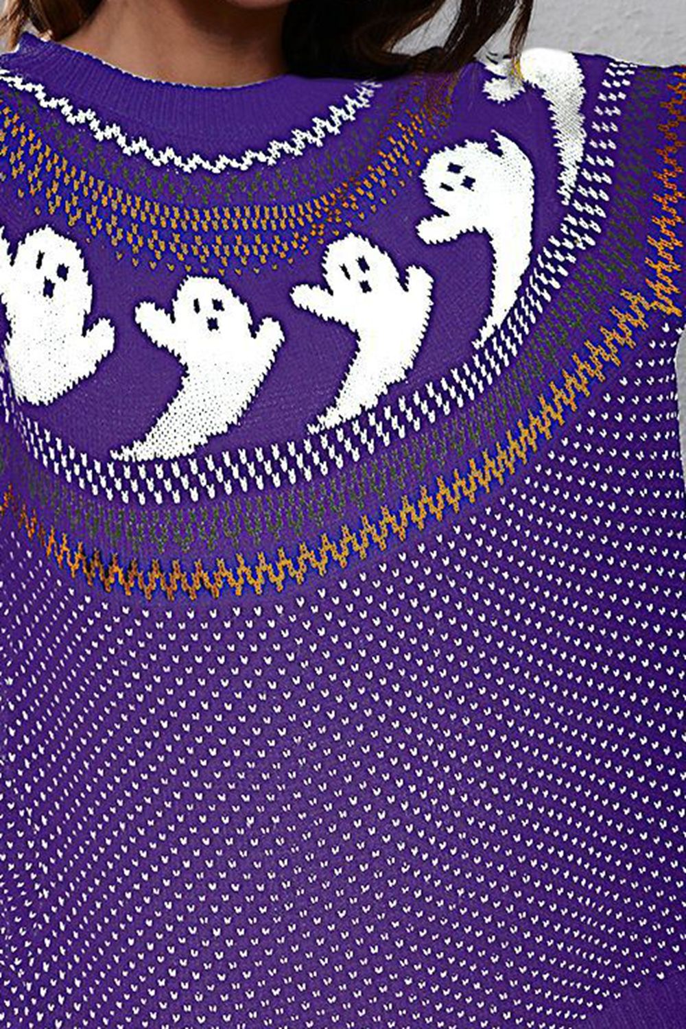Women Halloween Ghost Pattern Round Neck Long Sleeve Sweater NicholesGifts