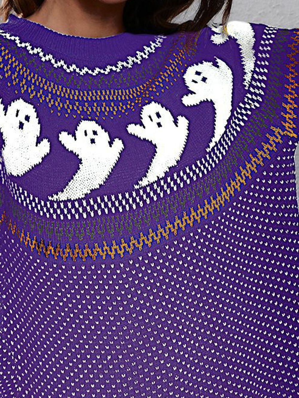Women Halloween Ghost Pattern Round Neck Long Sleeve Sweater