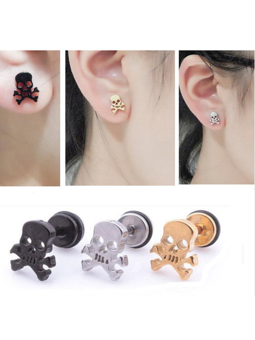 Women Rocked Out hollowed out stainless steel skull earrings in black, silver, and gold colors worn on ears