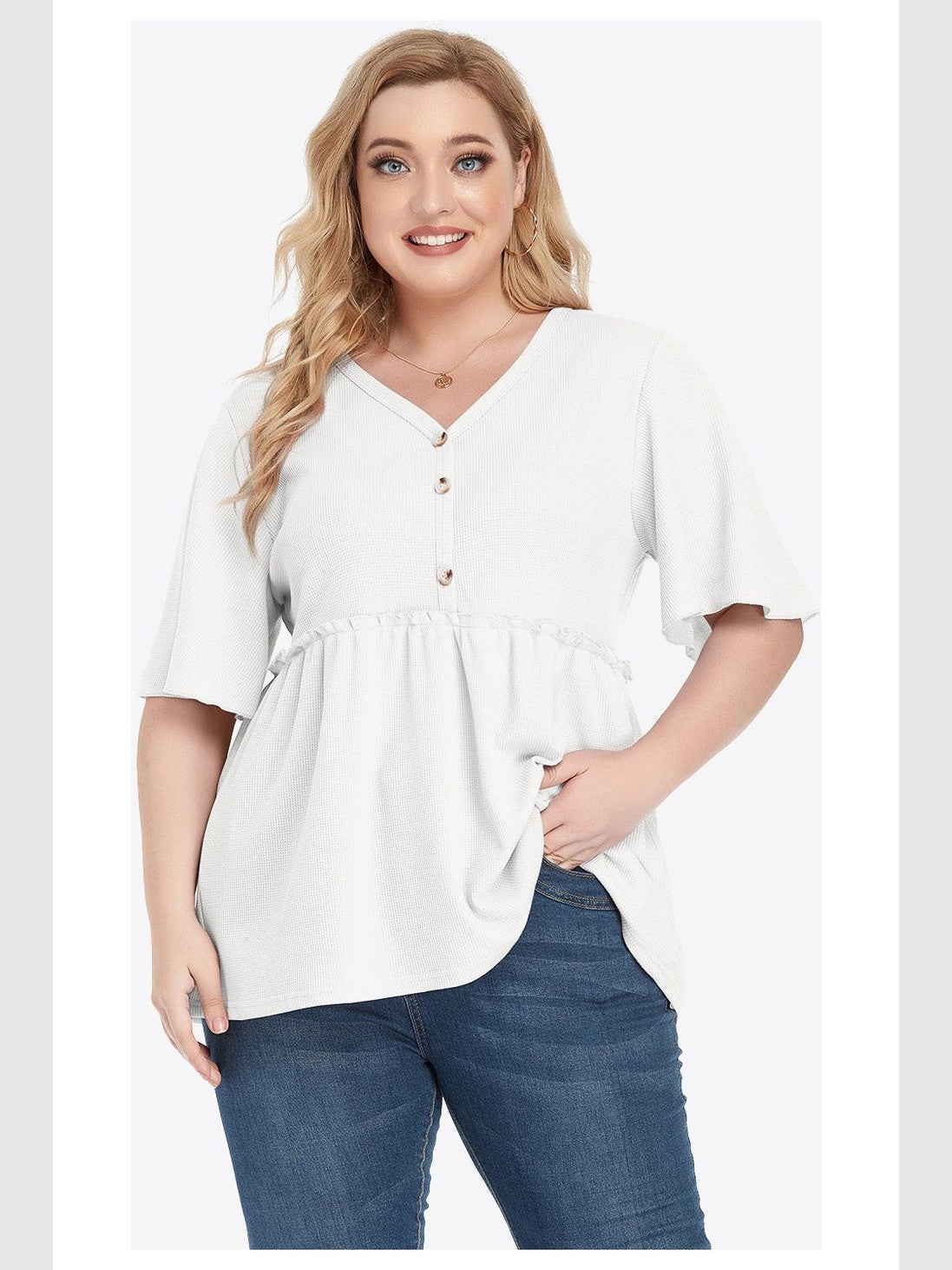 Plus Size Women Buttoned V-Neck Frill Trim Babydoll Blouse nicholesgifts