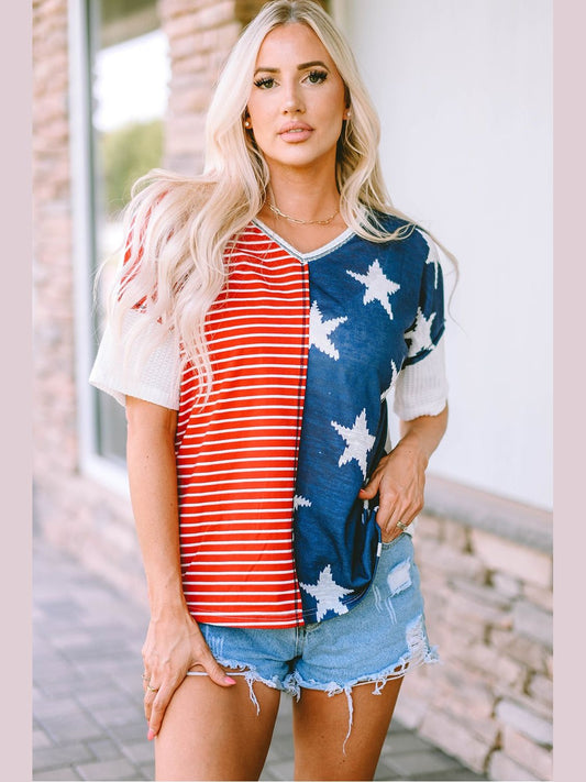 Women star and stripe V-neck top with US flag pattern, short sleeves, casual fit, and 100% polyester fabric