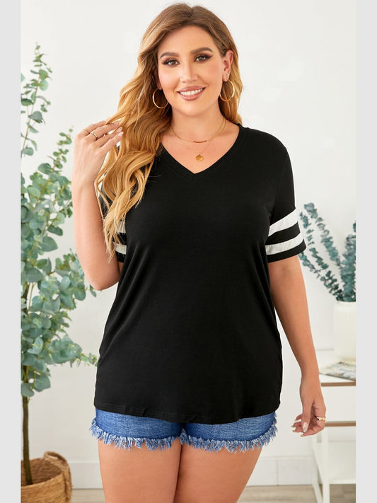 Plus Size Women Striped V-Neck Tee Shirt