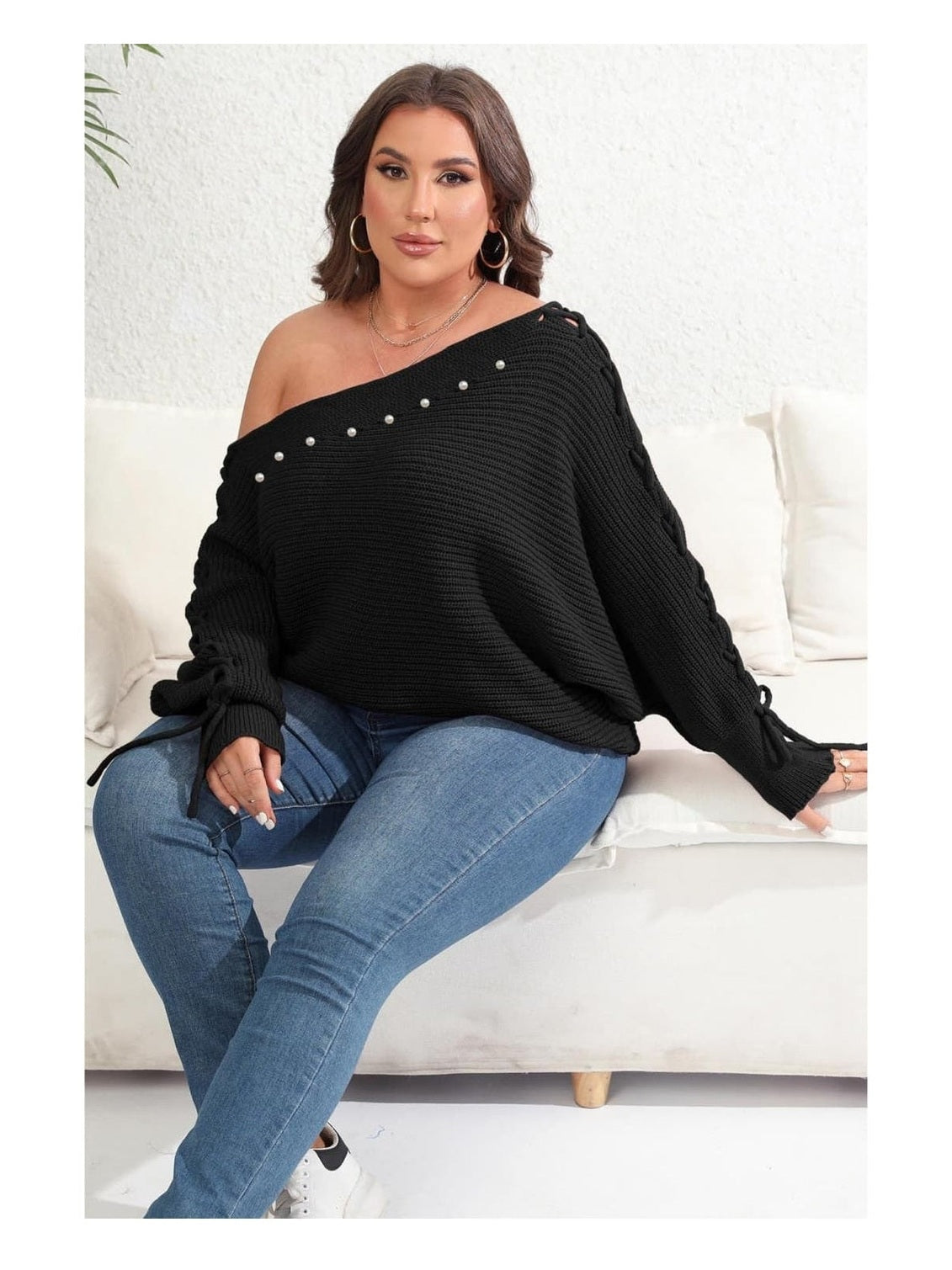 Plus Size Women One Shoulder Beaded Sweater