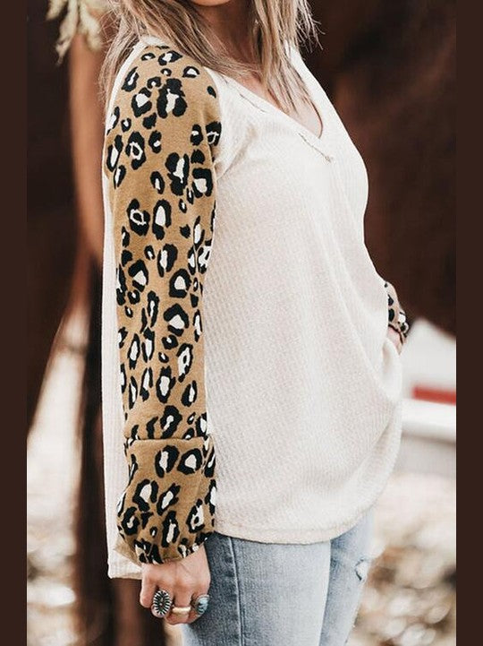 Women Plus Size Long Sleeve Leopard V-Neck Raglan Sleeve Blouse
