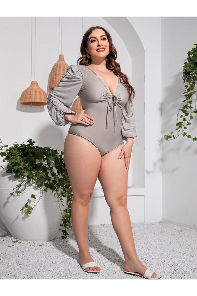 Plus Size Women Tied Deep V Balloon Sleeve One-Piece Swimsuit