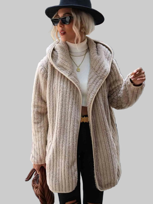 Women Open Front Ribbed Hooded Coat nicholesgifts