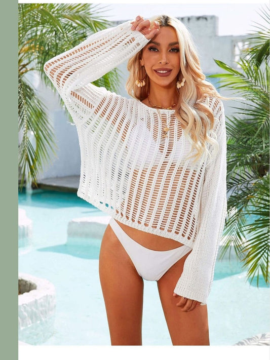 Women Long Sleeve Round Neck Openwork Cover-Up NicholesGifts
