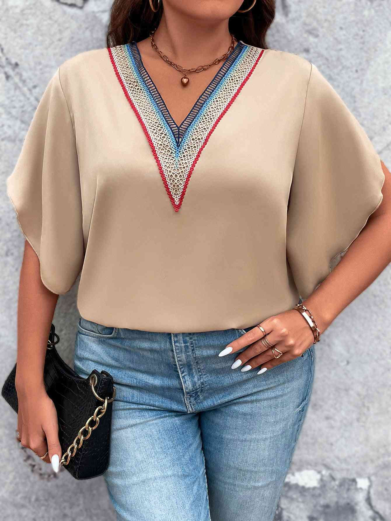 Plus Size Women Tan Colored V-Neck Flutter Sleeve Blouse NicholesGifts