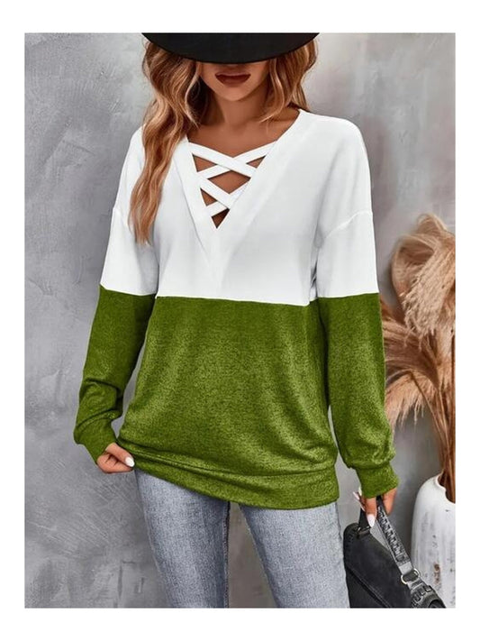 Women Contrast Crisscross V-Neck Long Sleeve Top NicholesGifts