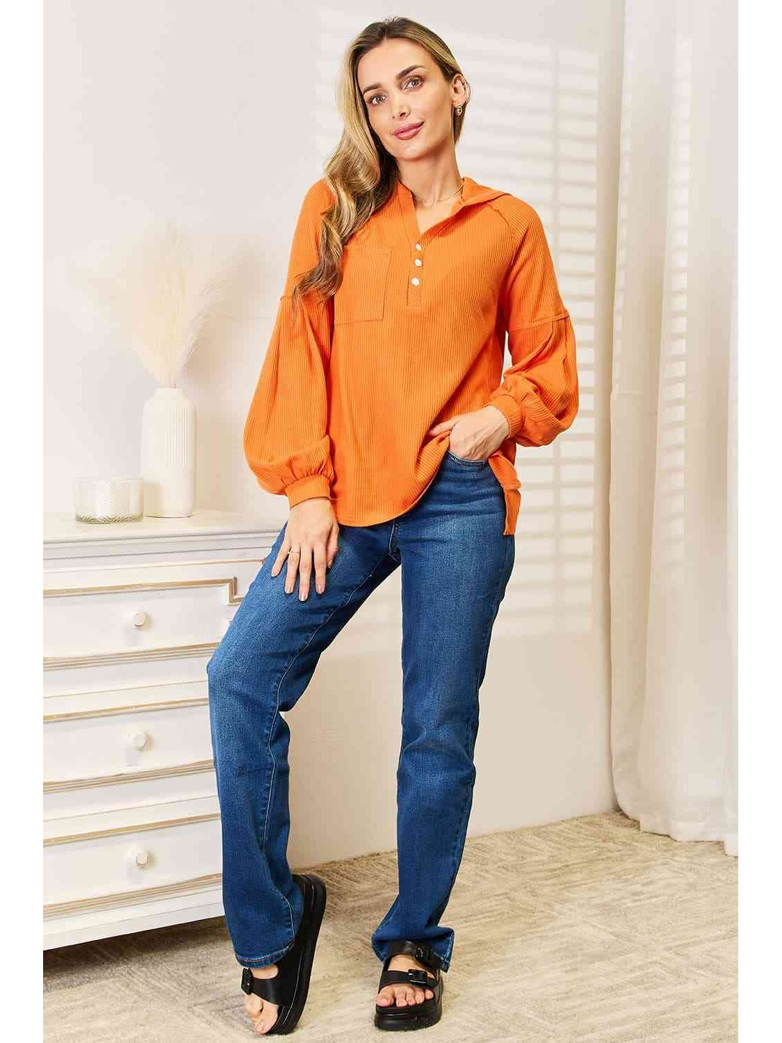 NicholesGifts Women Basic Bae Side Slit Buttoned Waffle Knit Hoodie NicholesGifts