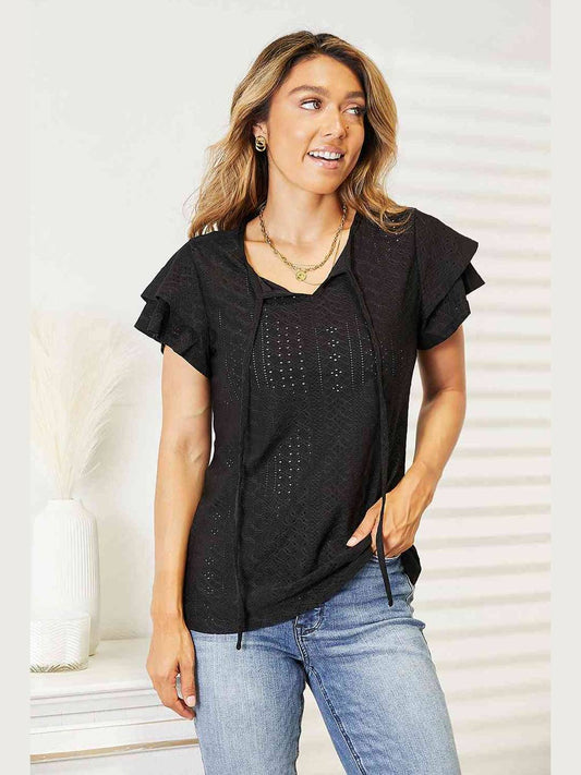Women Double Take Eyelet Tie-Neck Flutter Sleeve Blouse