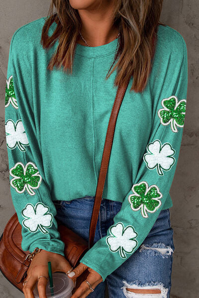 Lucky Clover Sequin Round Neck Sweatshirt NicholesGifts