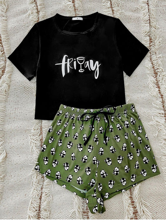 Women Graphic Tee and Panda Print Shorts Lounge Set NicholesGifts
