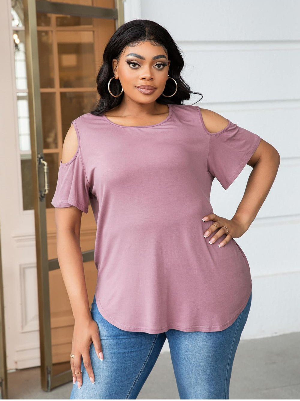 Plus Size Women Dusty Pink Cold-Shoulder Round Neck Curved Hem Top NicholesGifts