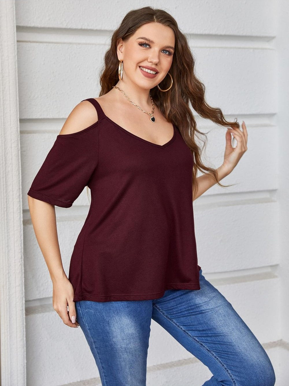 Plus Size Women Wine Colored V-Neck Cold-Shoulder Short Sleeve Blouse