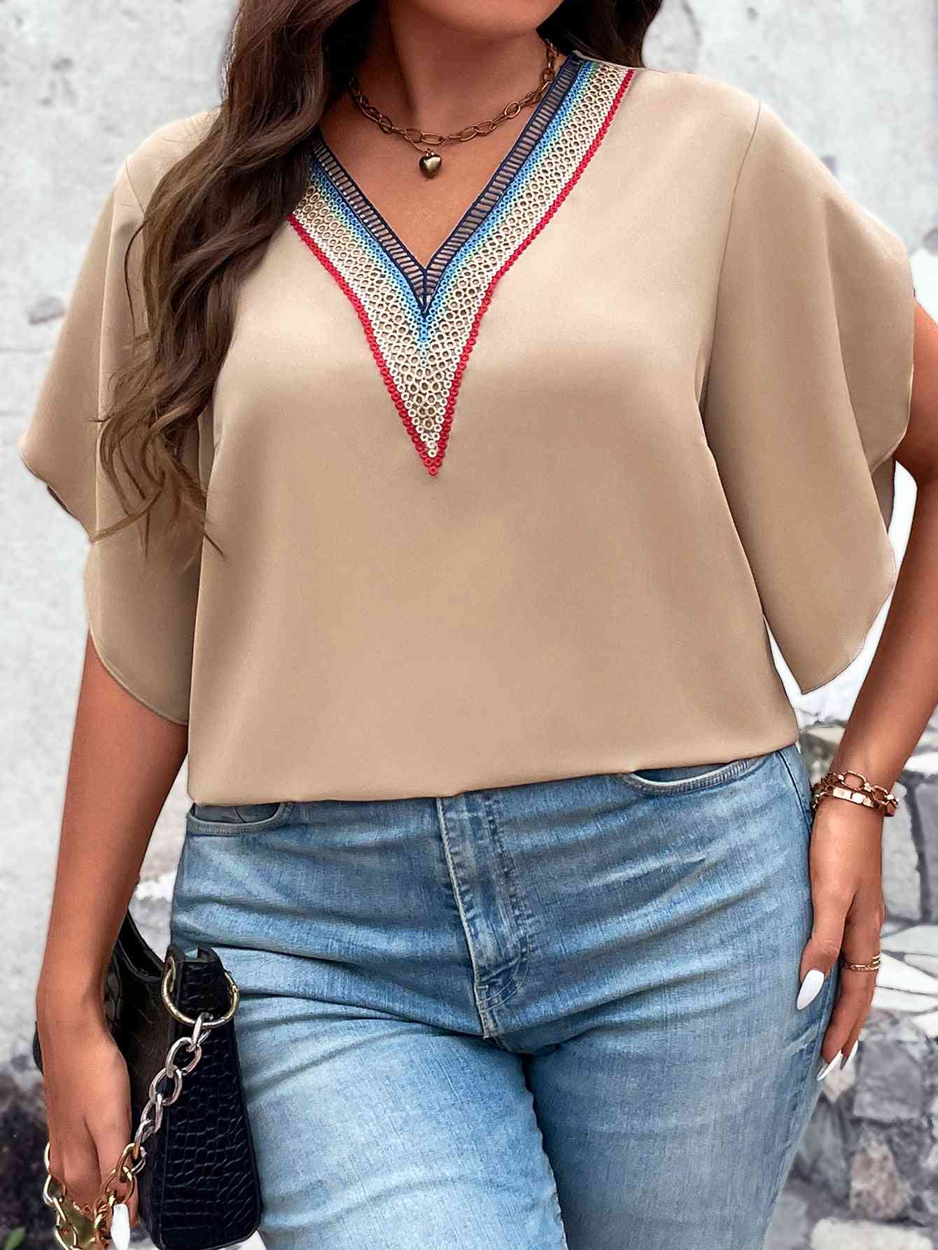 Plus Size Women Tan Colored V-Neck Flutter Sleeve Blouse NicholesGifts