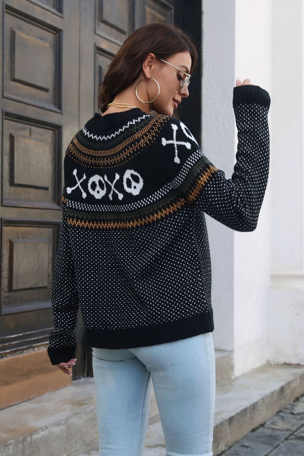 Women Halloween Ghost Pattern Round Neck Long Sleeve Sweater NicholesGifts