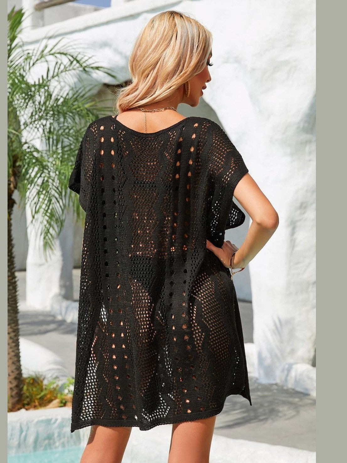 Women Openwork Plunge Dolman Sleeve Cover-Up Dress NicholesGifts