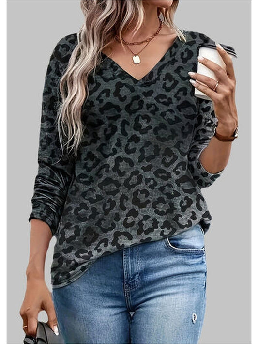 Women Leopard V-Neck Long Sleeve T-Shirt NicholesGifts