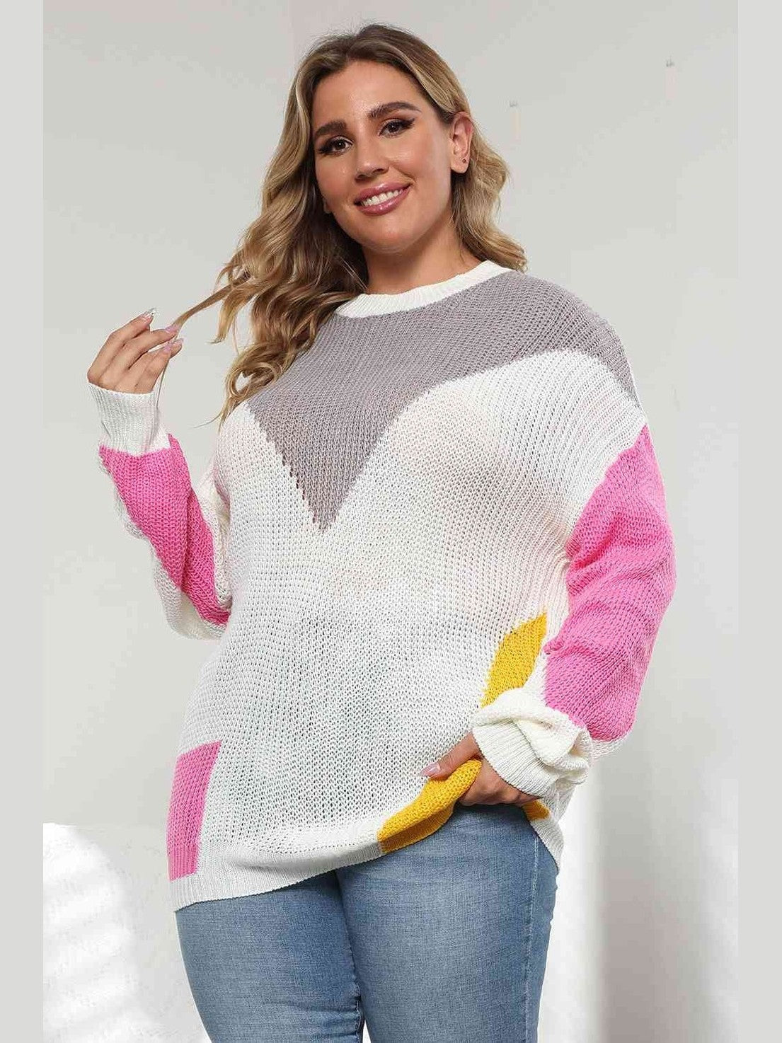 Plus Size Women Color Block Round Neck Sweater
