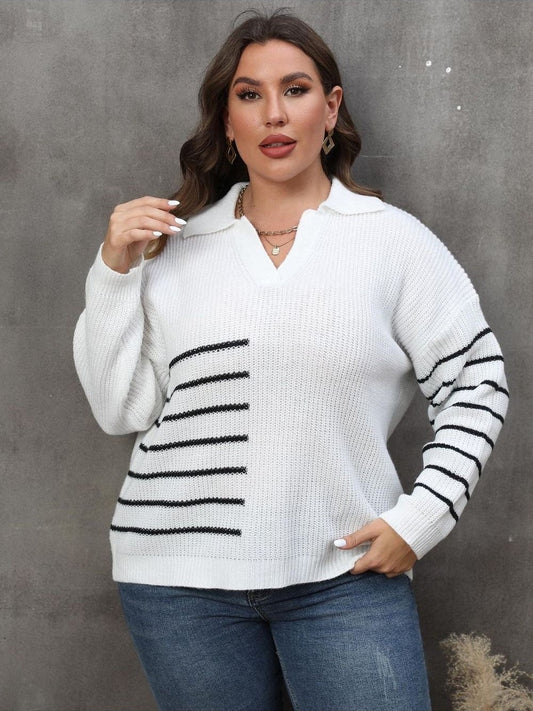 Plus Size Women Striped V-Neck Sweater NicholesGifts