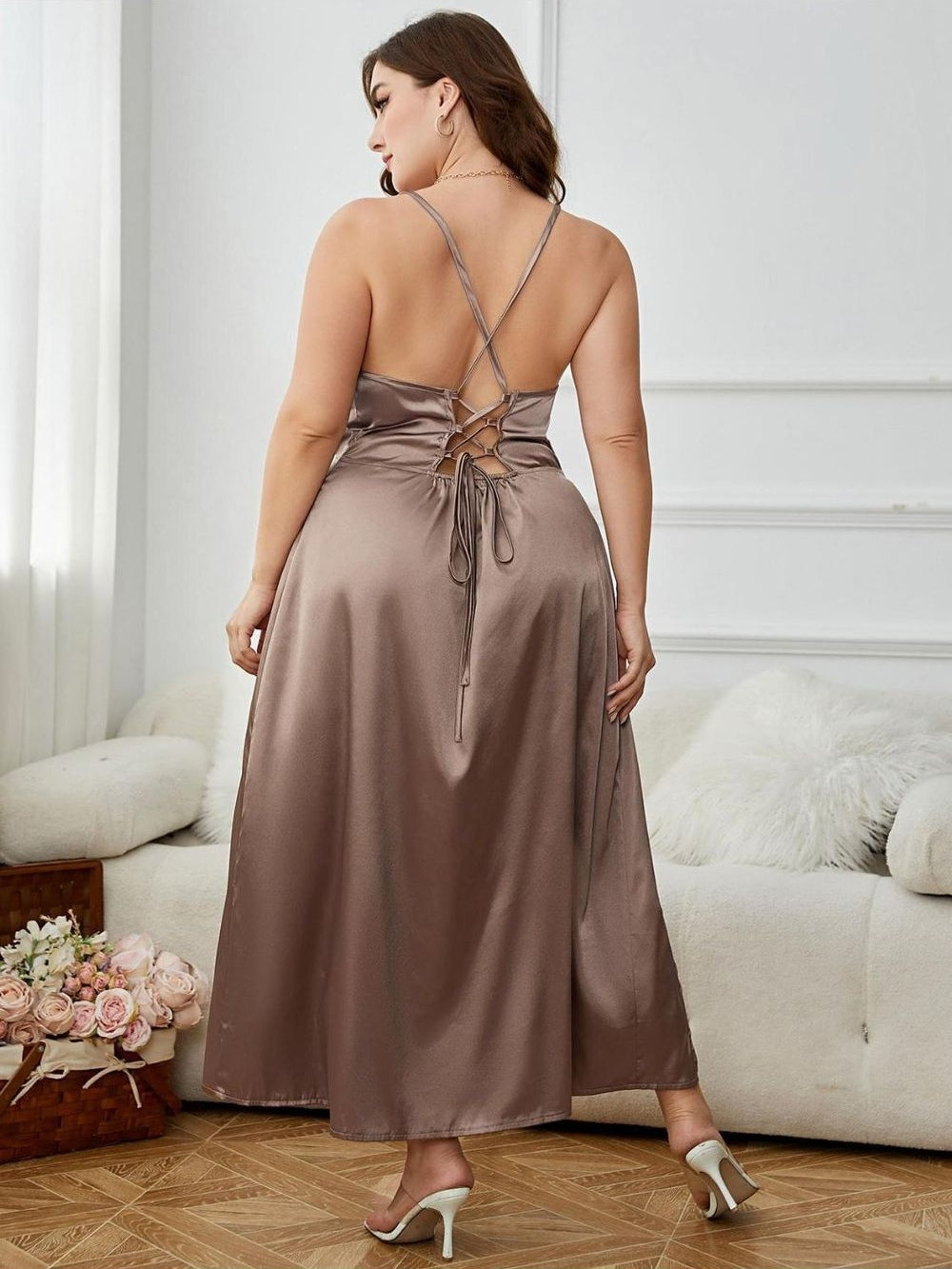 NicholesGifts Plus Size Women Lace-Up Spaghetti Strap Split Night Dress NicholesGifts