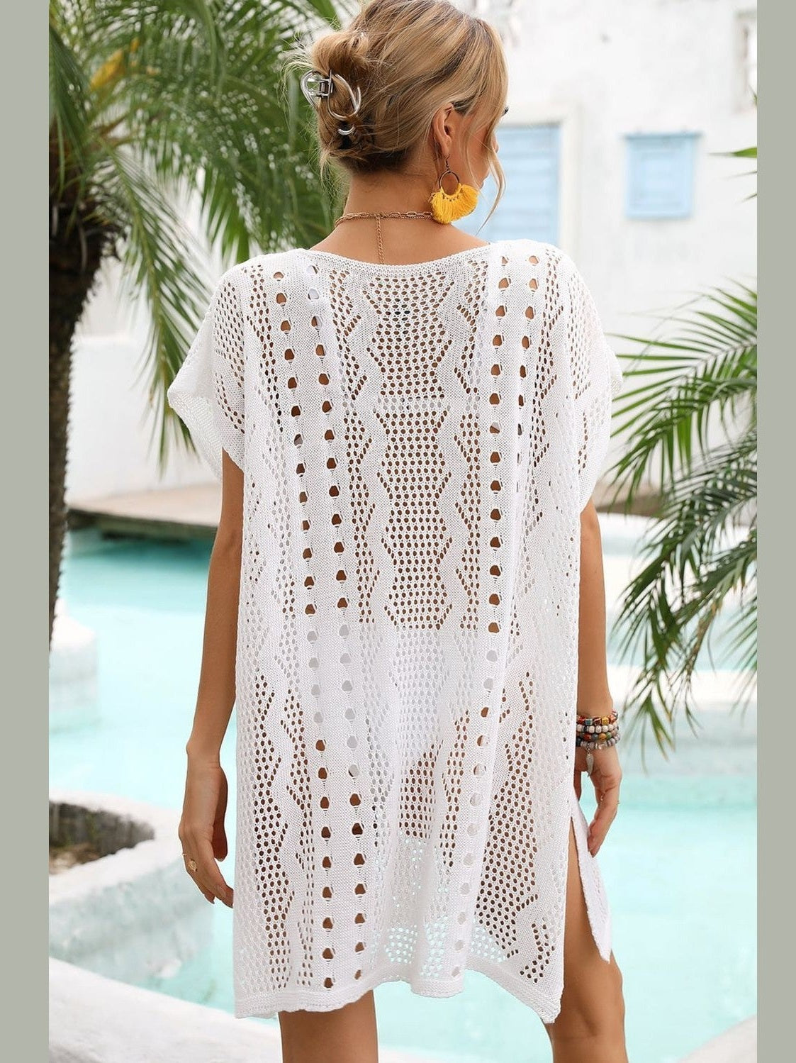 Women Openwork Plunge Dolman Sleeve Cover-Up Dress NicholesGifts