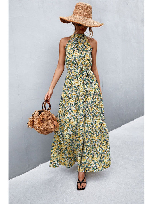 Women Floral Printed Multicolored Sleeveless Tie Waist Casual Summer Maxi Dress NicholesGifts