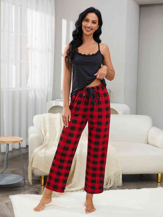 Women Lace Trim Cami and Plaid Pants Lounge Set