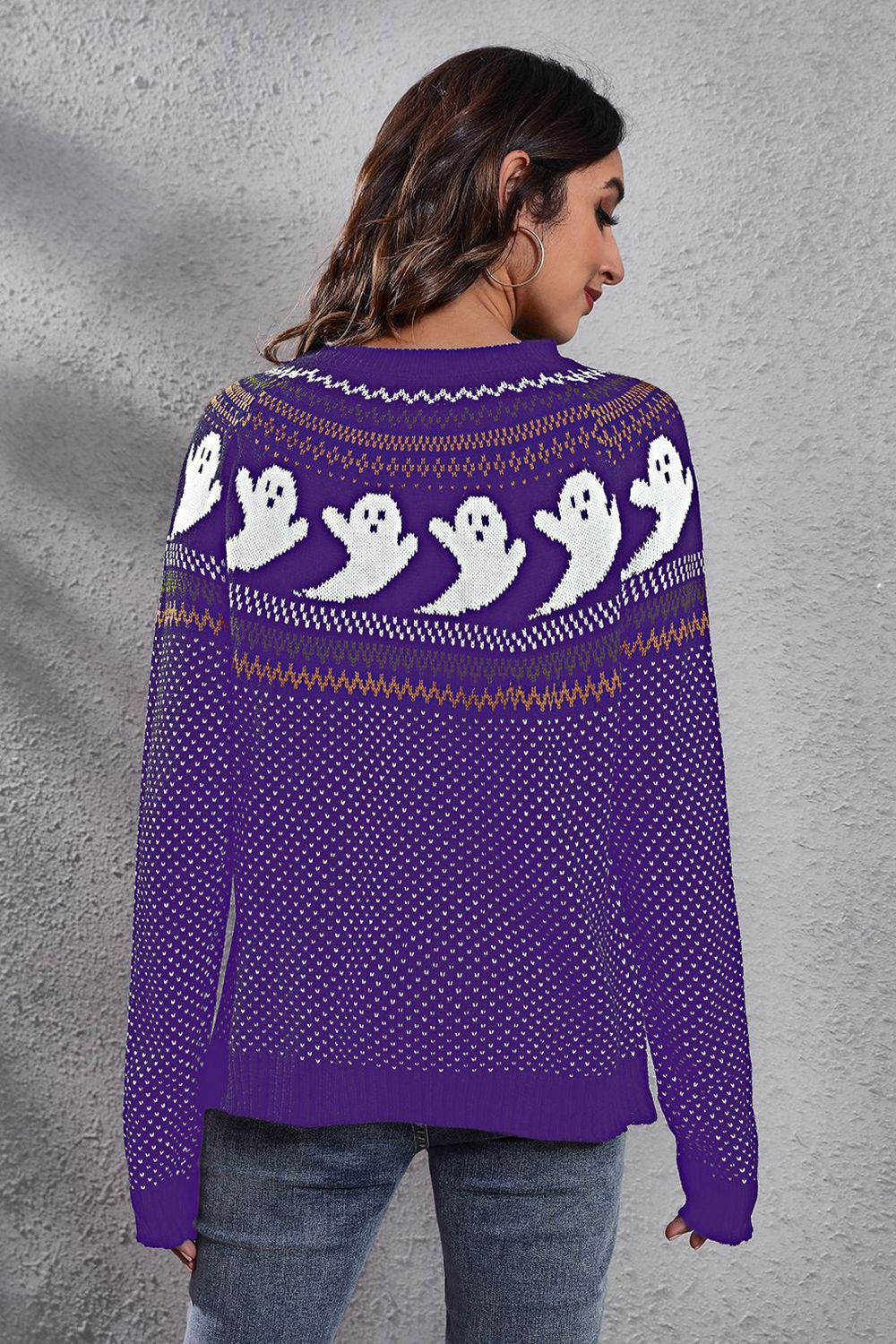 Women Halloween Ghost Pattern Round Neck Long Sleeve Sweater NicholesGifts