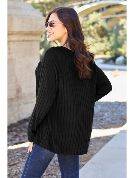 Women Basic Full Size Ribbed Round Neck Long Sleeve Knit Top