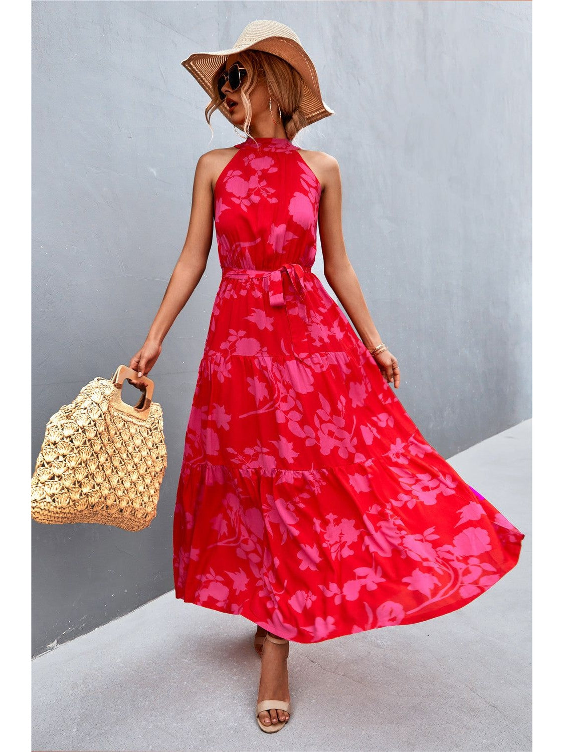 Women Floral Printed Multicolored Sleeveless Tie Waist Casual Summer Maxi Dress NicholesGifts