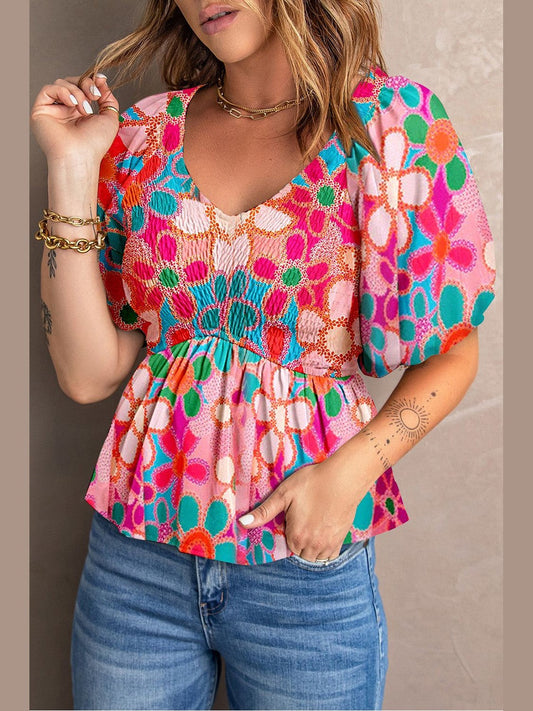 Women Printed V-Neck Babydoll Blouse NicholesGifts